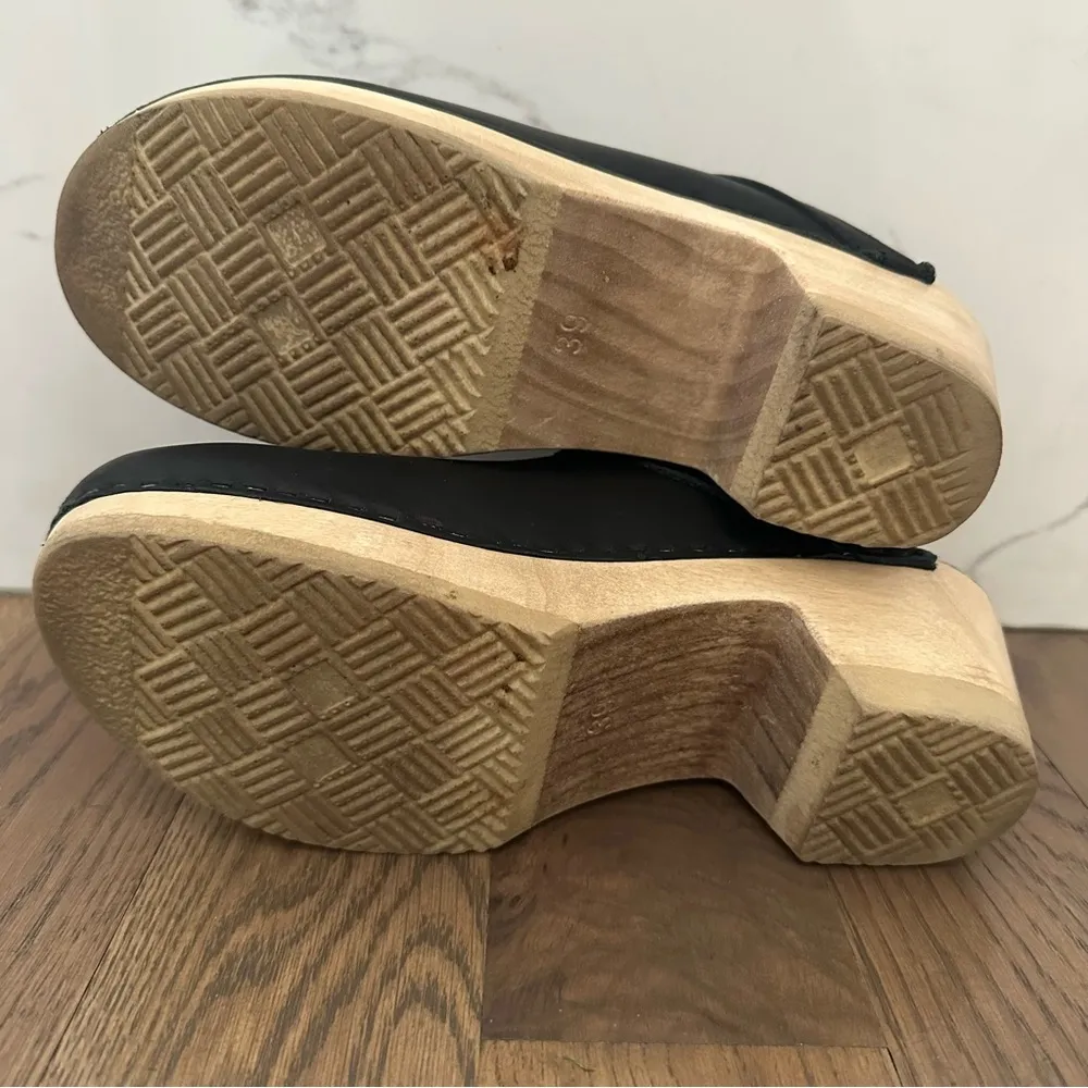 No.6 Old School Clog Mule on Mid Heel Wood Sole in Black Leather Size 39 - Image 10