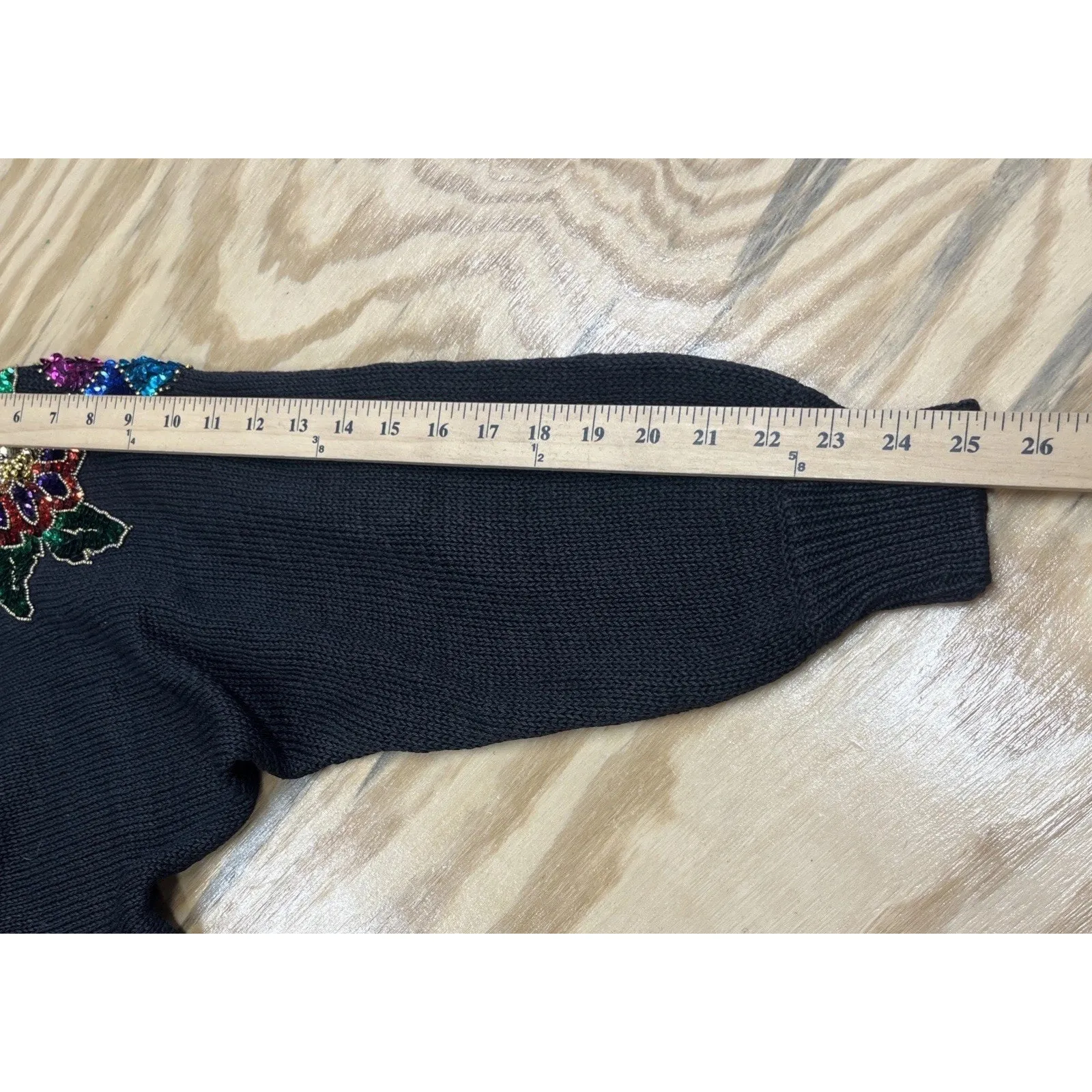 Vintage Mr Noah Floral Christmas Sweater Embroidery Sequins Black Size Medium - Image 13