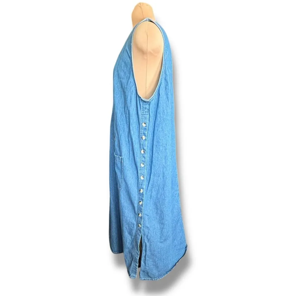 Vintage Quacker Factory Denim Jumper Midi Dress Plus 2X Yellow Floral Embroidery Blue - Image 4