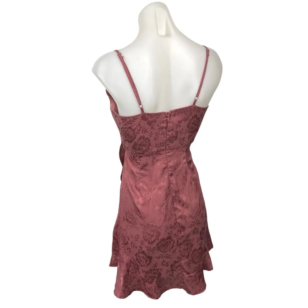 Altar'd State Pink Purple Satin Floral Ruffle Mini Cami Camisole Wrap Dress XS - Image 3