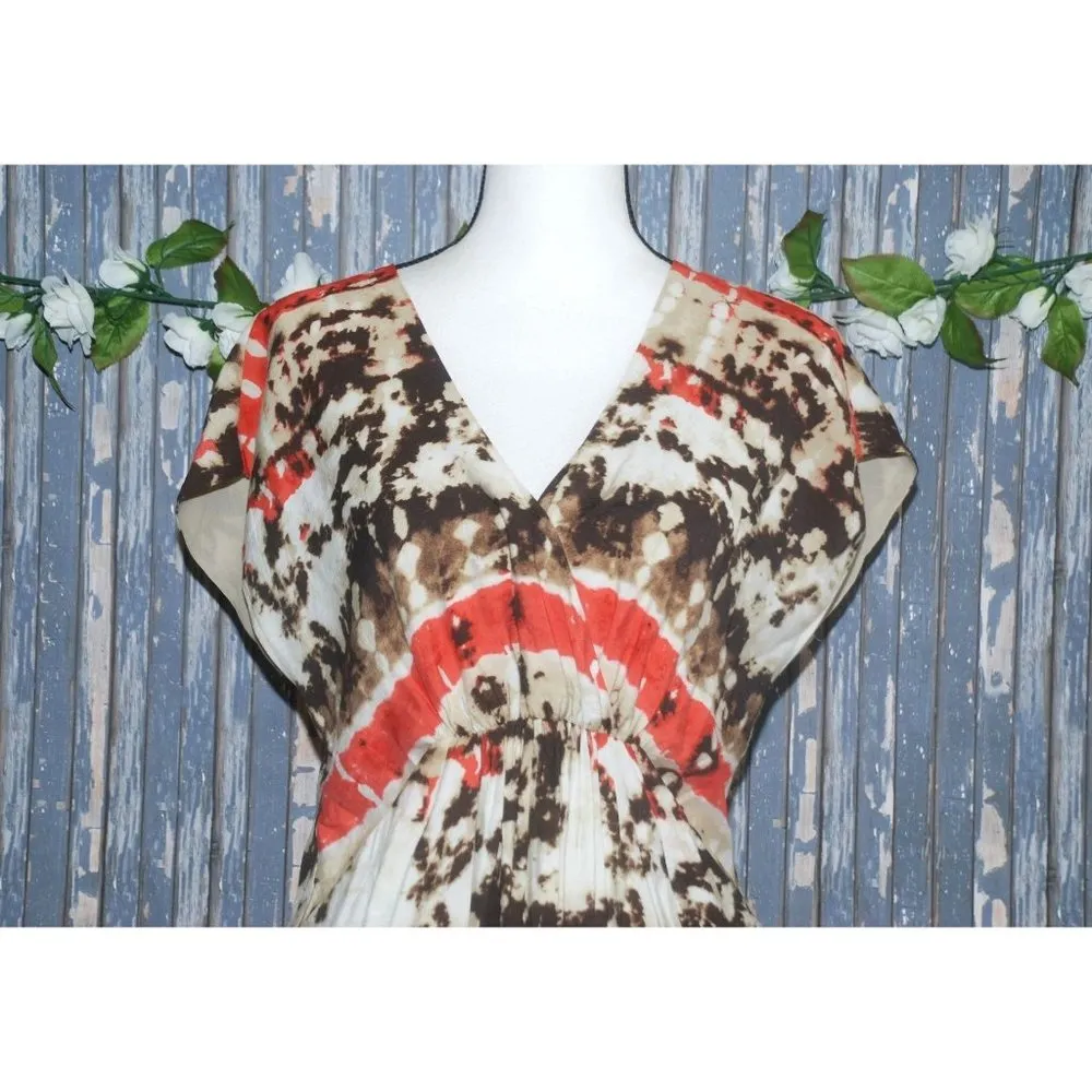 Vince Camuto Brown Orange Dress Size 6 Elastic Waist Pockets V-Neck Cap Sleeves - Image 2