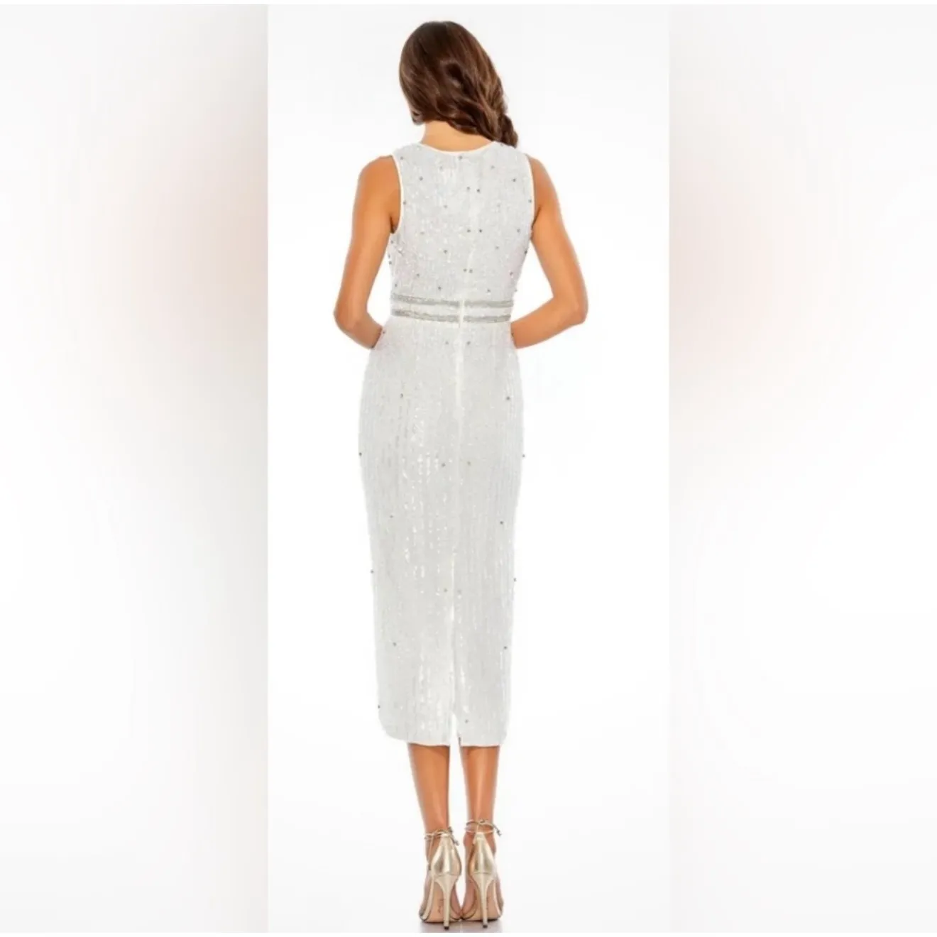 NWT Mac Duggal 10509 Sleeveless High Neck Beaded Midi Sheath Dress White Sz 0 - Image 4