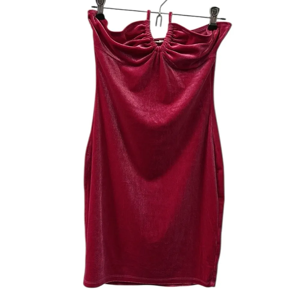 Bear Dance Pink Soft Stretch Velvet Ruched Chest Halter Mini Dress Medium - Image 7