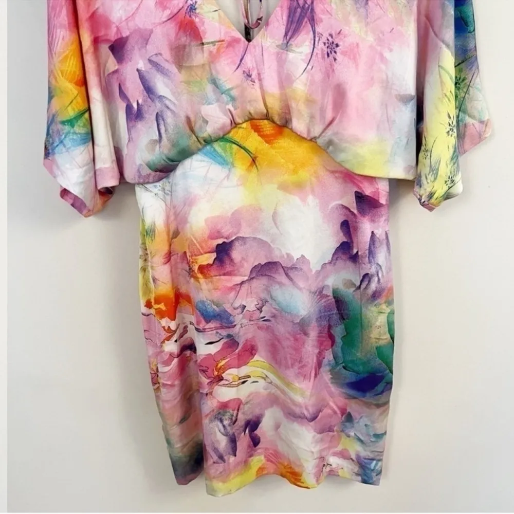 Aidan Mattox Satin Flared Short Sleeve Mini Dress Size 2 Pink Multicolor - Image 3