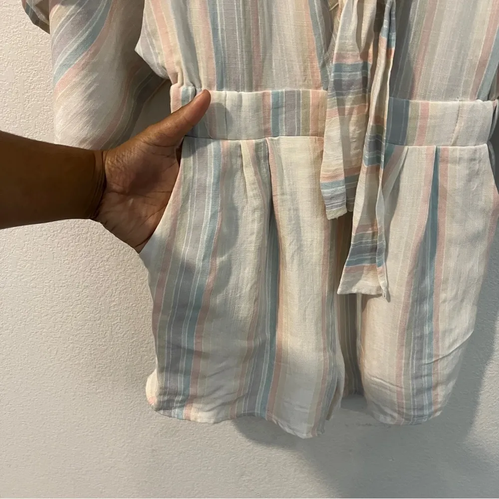 VICI Gauzy Pastel Striped Tie-Front Deep V Neck Dolman Sleeve Romper Size XS - Image 5