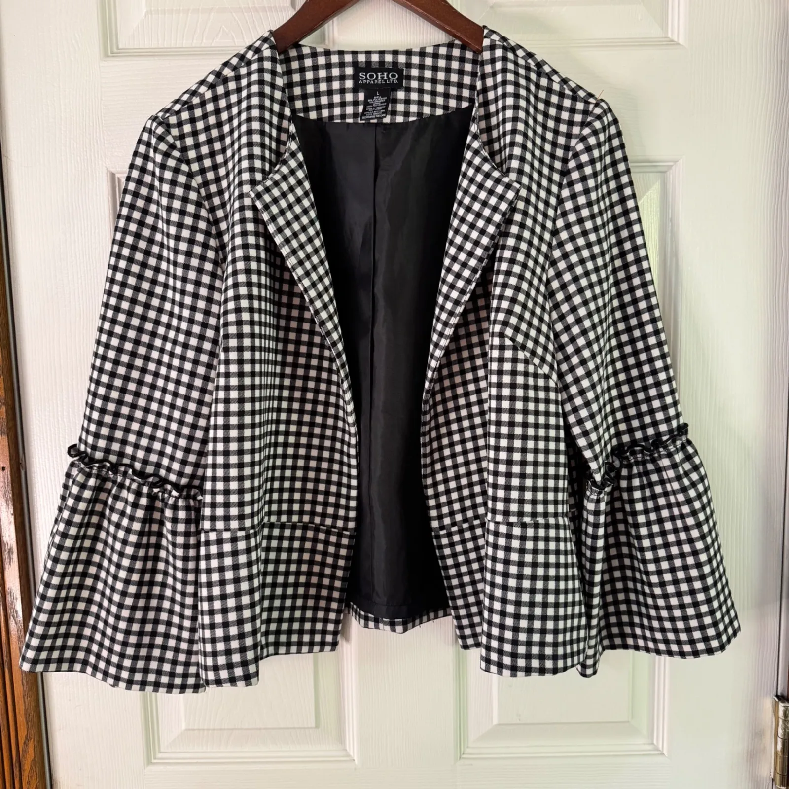 Soho Apparel Gingham Blazer Ruffle Bell Sleeve Career Jacket Black White L - Image 8