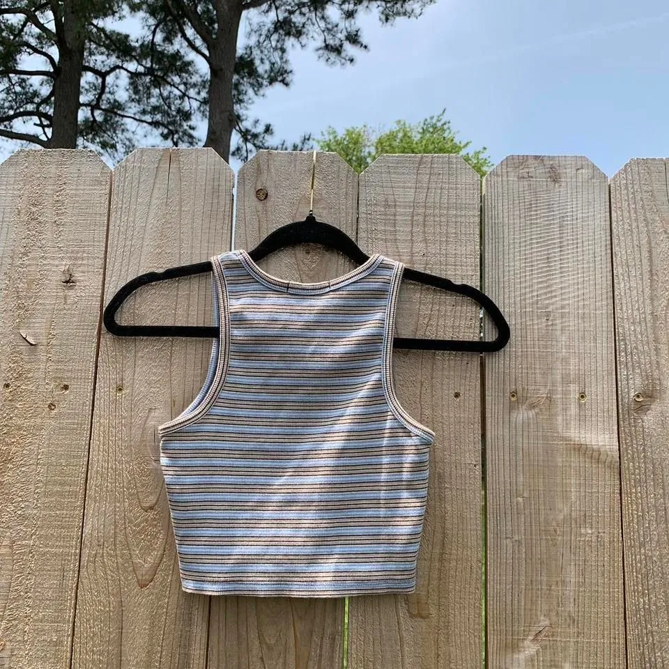 Sws essential cropped stripe tank top size‎ small. Tan - Image 4