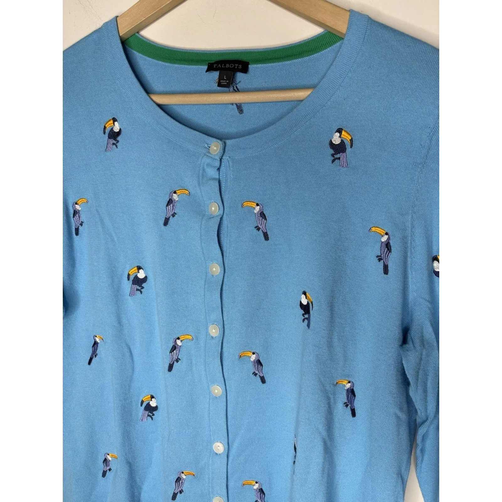 Talbots Size L Toucan Bird Embroidered Cardigan Sweater Blue 3/4 Sleeve Novelty - Image 2