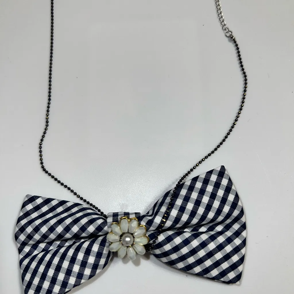“Dainty Dapper”Black and White Checkered Bow Necklace Black - Image 2