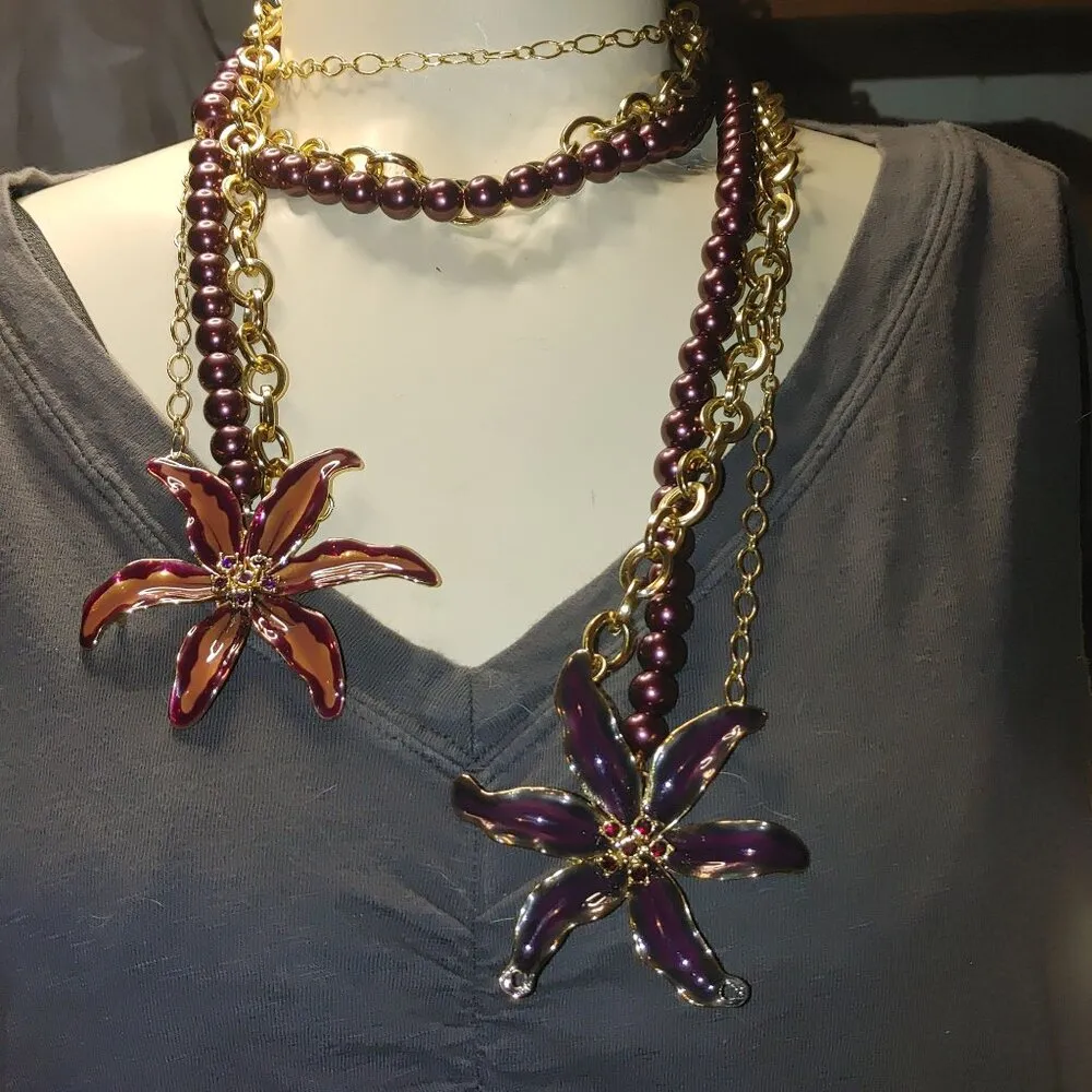 Orchid Necklace Large 3 Strand Vintage Purple Beaded Gold Chain Enamel Flower - Image 9