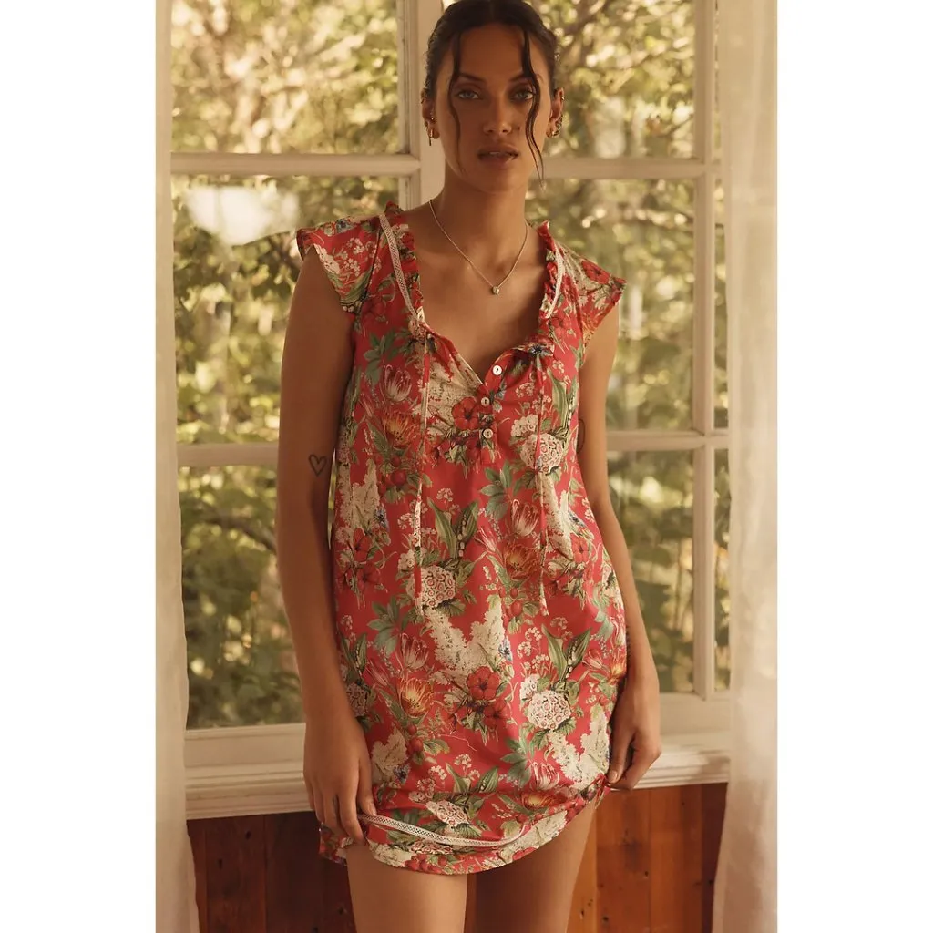 PAPINELLE Clara Flutter Neck Cotton Nightgown in Geranium Size Medium Pink - Image 2