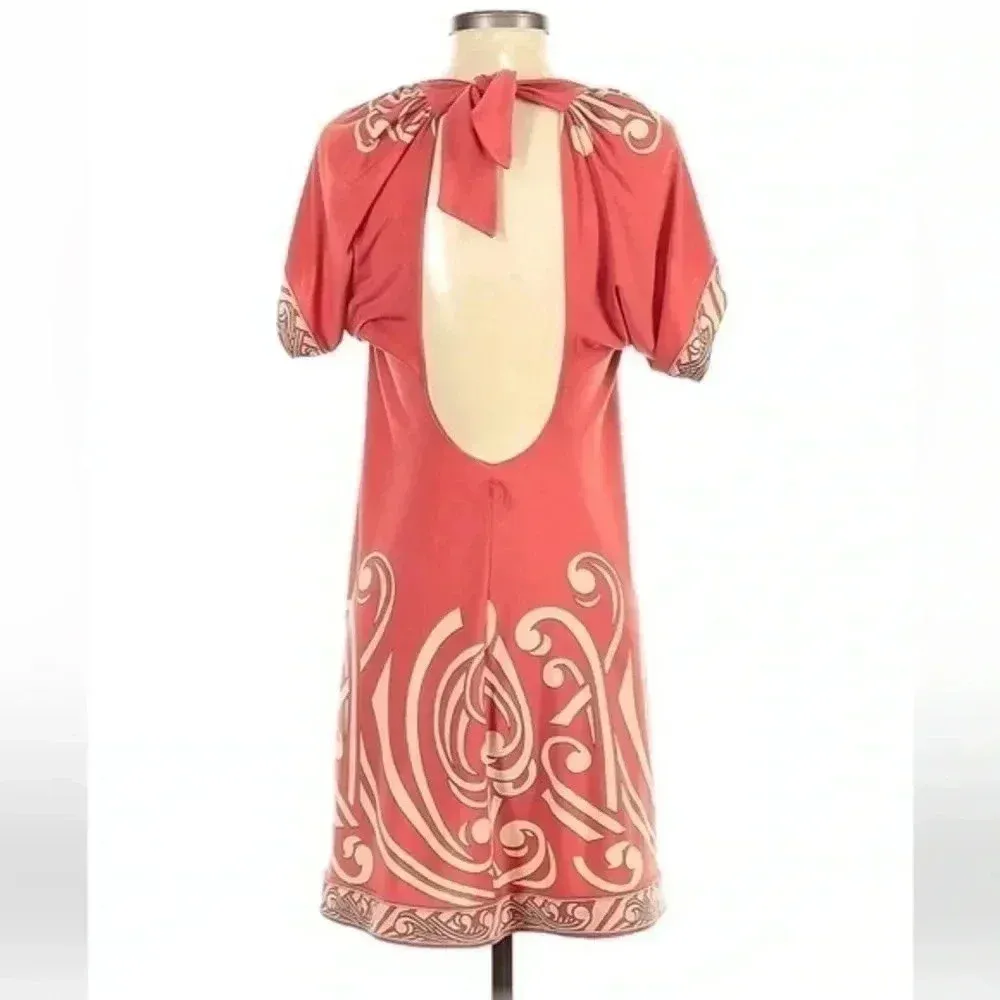 BCBGMAXAZRIA Terra-Cotta Coral Border Print Dress Scoop Tie Back Size XXS - Image 5