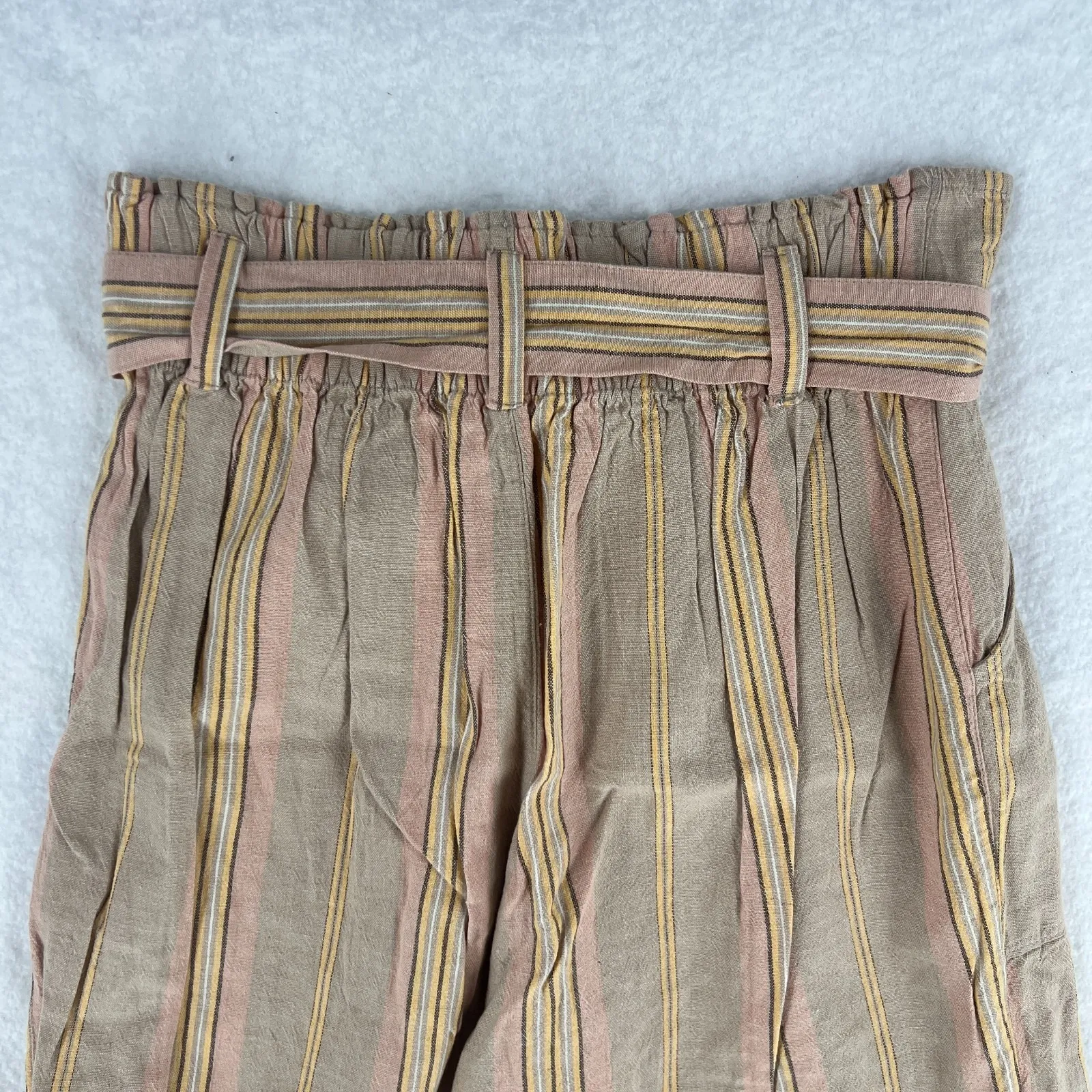 American Eagle Outfitters Paperbag Pants Womens M Beige Striped Belted Wide Leg - Image 7