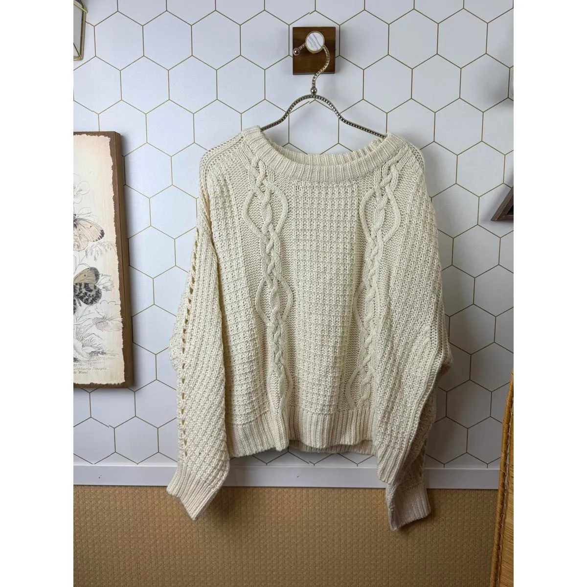 Storia Cream Cable Knit Detailed Sleeve Pullover Sweater - Size - Large - Image 6