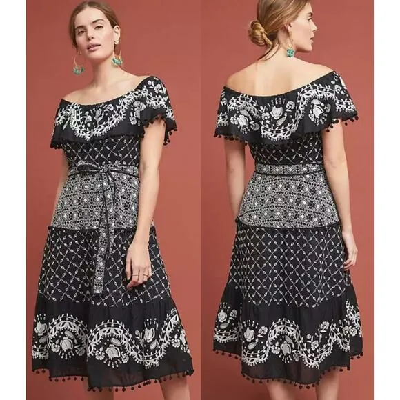 Anthropologie Marisol Embroidered Floral Off-The-Shoulder Midi Dress Black US 2 - Image 2