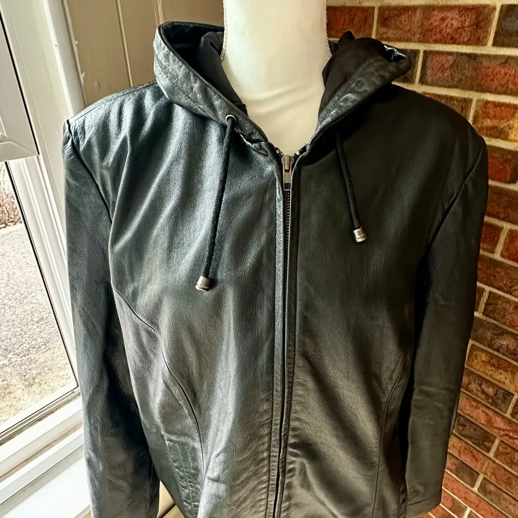 Jacqueline Ferrar Black Leather Hooded Zip Up 3/4 Length Jacket Vintage 90s Sk8r - Image 2