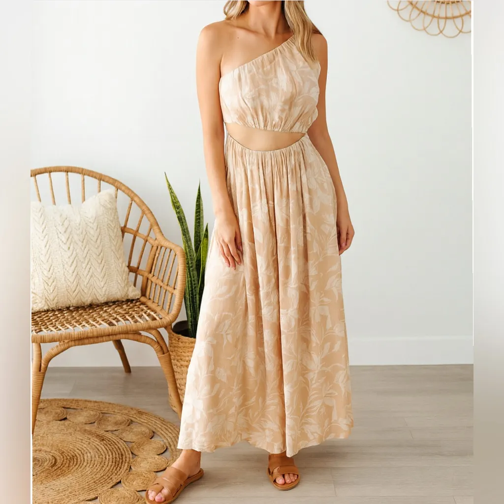 Abercrombie & Fitch One-Shoulder Cutout Midi Dress in Tan Floral - Image 8