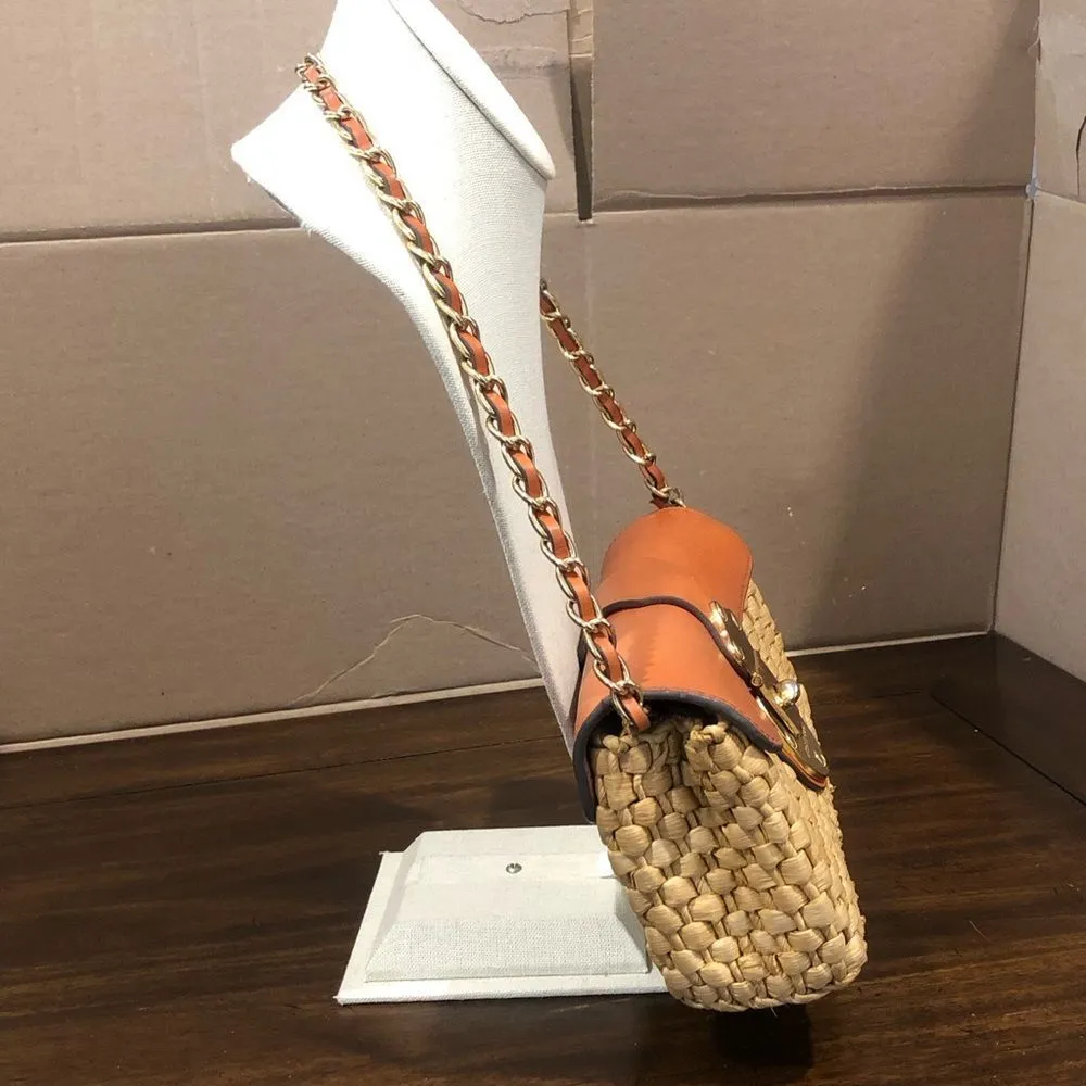 Vintage MICHAEL KORS Rattan Leather Clutch Gold Turn Lock Chain & Leather Strap - Image 7