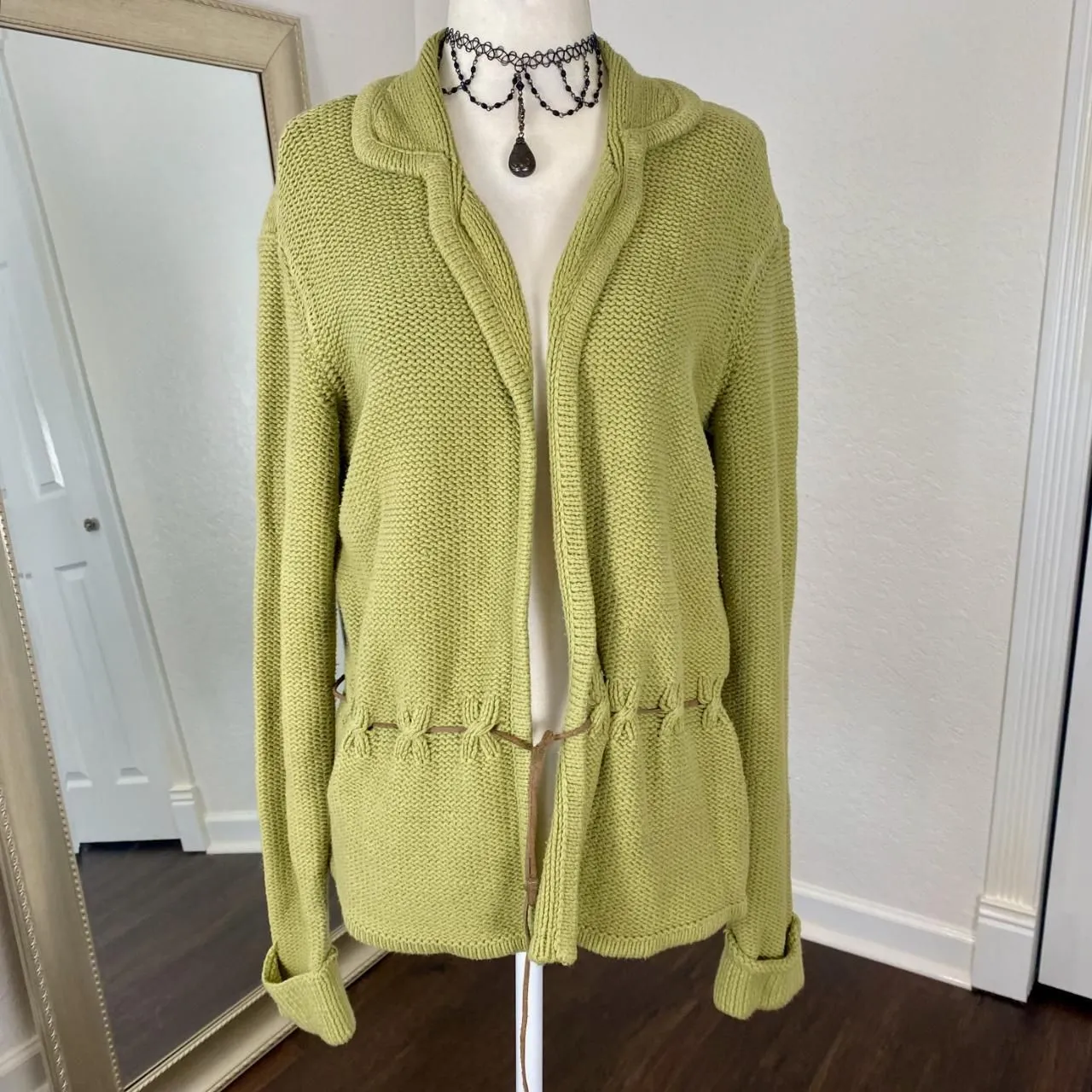 Fairy Grunge Green Cotton Knitted Cinched Front Tie Knitted Knit Cardigan S - Image 2