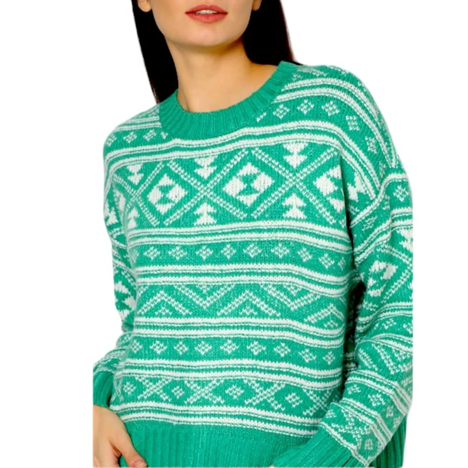 American Eagle Green Fair Isle Snowdrift Sweater Crewneck Large Holiday Sweater - Image 13