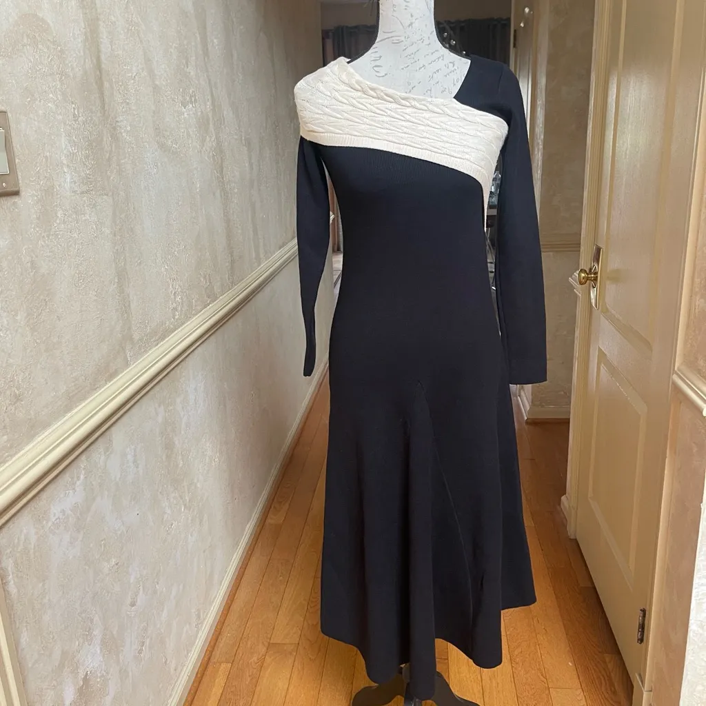Dalia Macphee Long Sleeve Asymmetrical color block Maxi Sweater Dress black Sz M Size M - Image 5