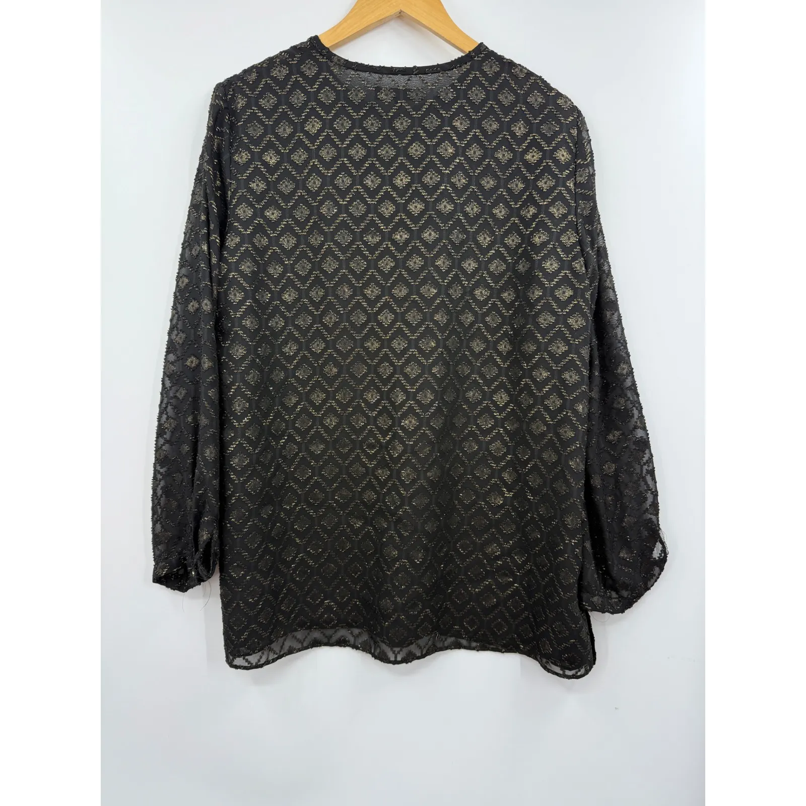 LAFAYETTE 148 NEW YORK Black Gold Metallic Diamond Jacquard Sheer Blouse Top L Size L - Image 6