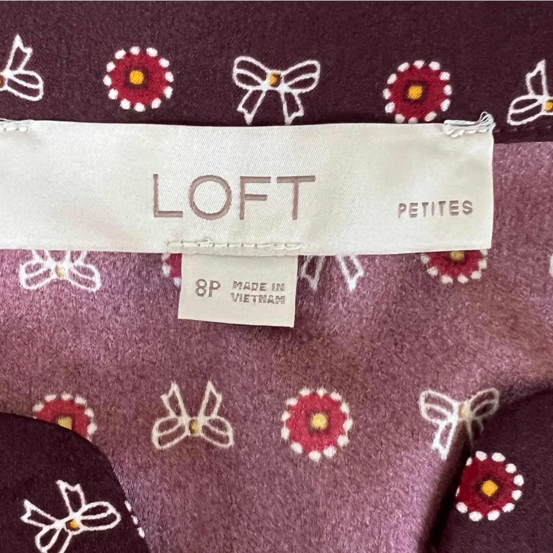 LOFT Petite Bow‎ Pleated Mini Burgundy Geometric Long Sleeve Dress - Image 2