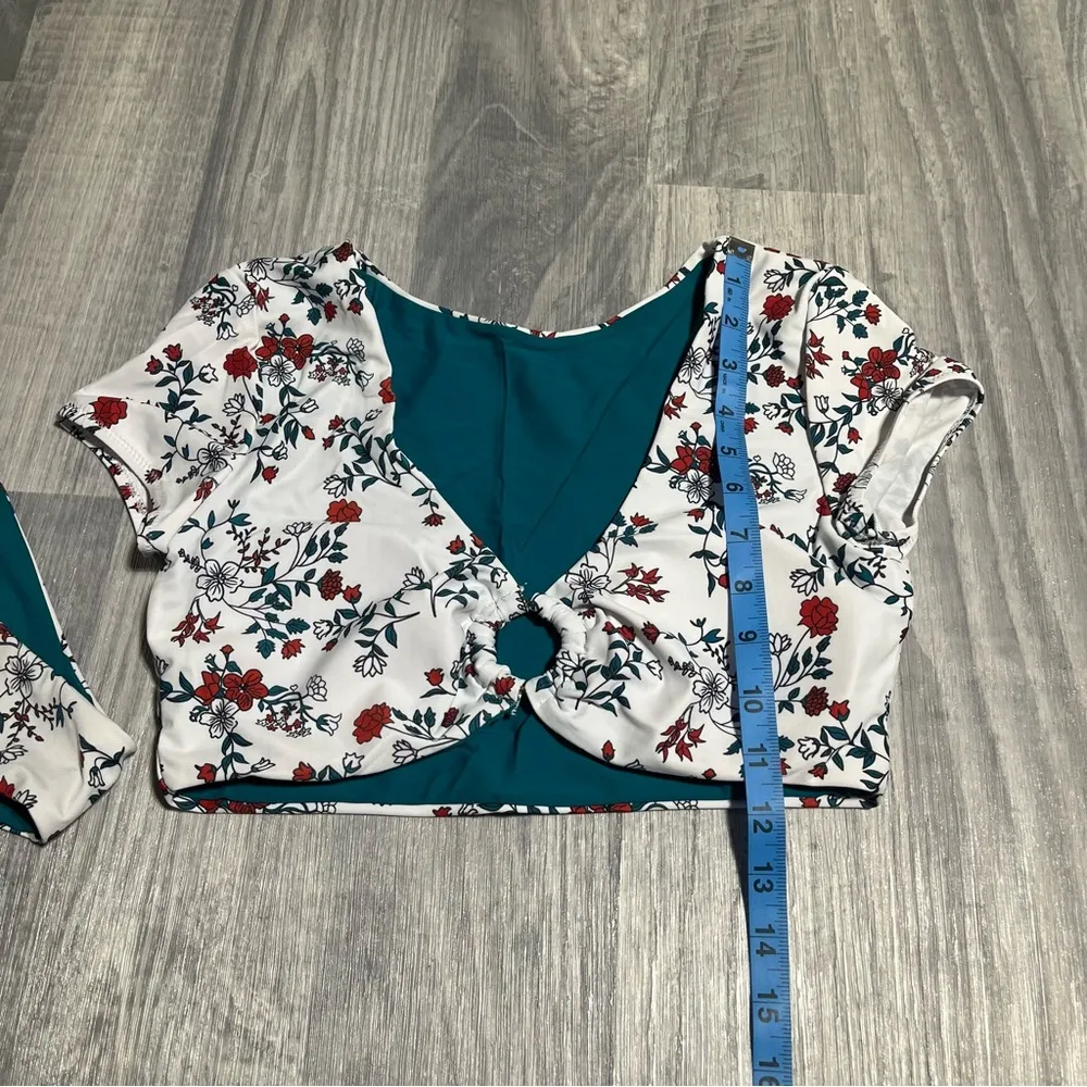 Zaful Teal Green White Floral Swim Suit Bikini Set; Medium - Image 6