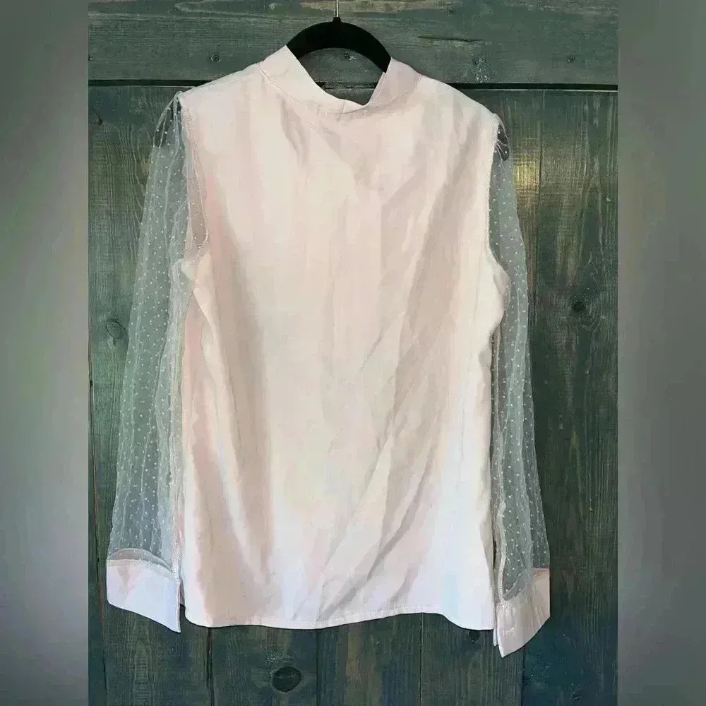 SHEIN Elegant Blush Pink Bow Blouse with Mesh Dot Sleeves‎ - Romantic Top A68 - Image 8