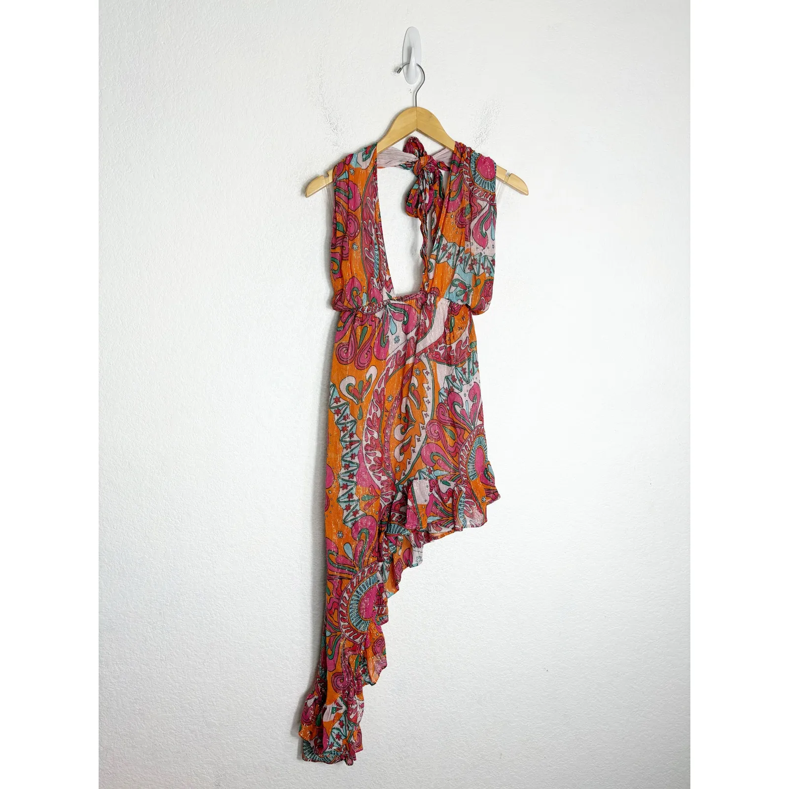 Sundress Amina Dress Size Large Fuchsia orange Print Halter Neck Asymmetric Hem - Image 4