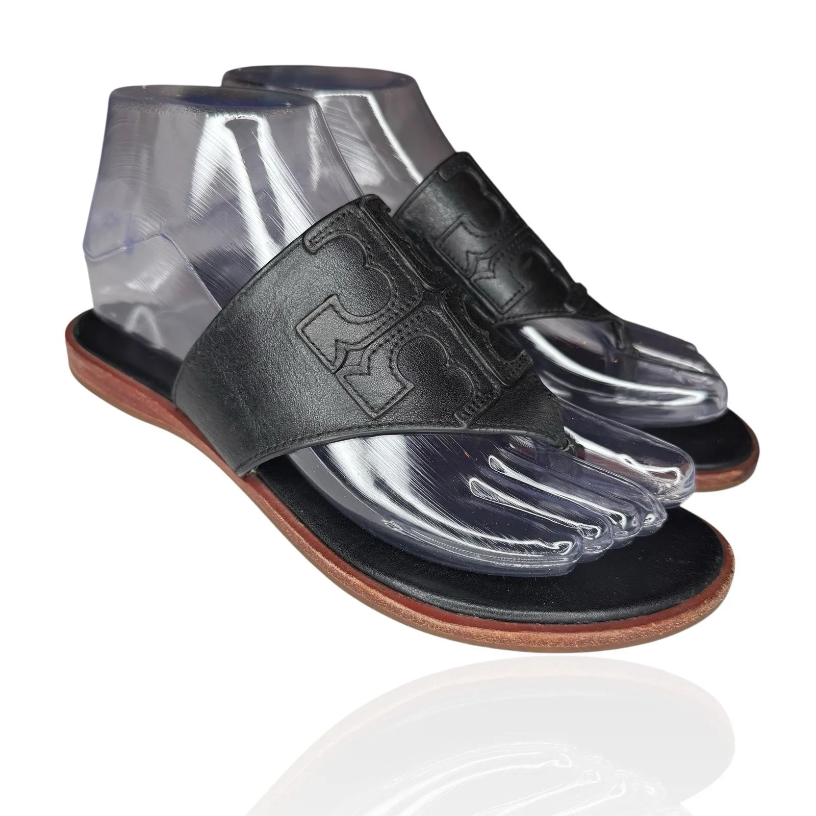 Tory Burch Jamie‎ Size 6.5 Full Logo Thong Sandals Black Leather S/N 48275 - Image 3