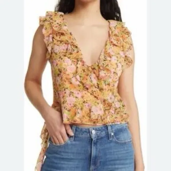 NWT Open Edit Ruched Orange Floral Cropped Ruffle Neckline Sleeveless Top Sz S - Image 2