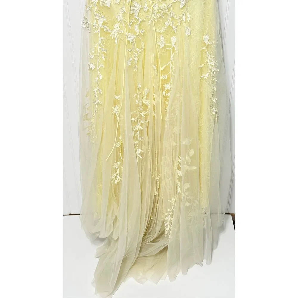 Amarra Yellow Floral Lace‎ Applique Spaghetti Strap Formal Gown Dress Size 2 - Image 9