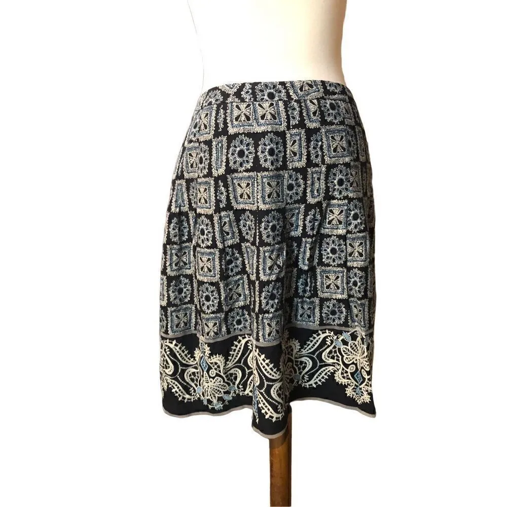 Loft black, white and blue fully lined wool blend boho print knee length skirt s - Image 2