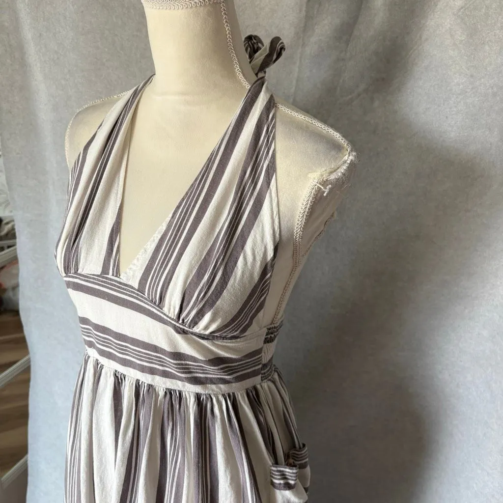 Urban Outfitters Striped Gray & White Midi Halter Dress Linen Blend Small Retro - Image 4