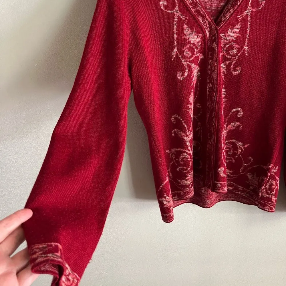 Y2K Norm Thompson Red Floral Cardigan Filigree Knit Wool Blend Size M Size M - Image 4