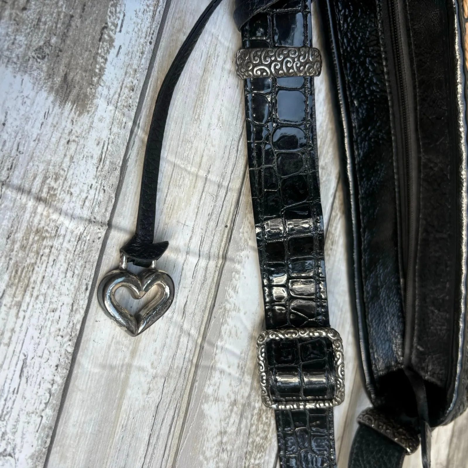 VTG Brighton Purse Janie Shoulder Bag Brown Black Patent Leather Woven Straw Y2k - Image 11