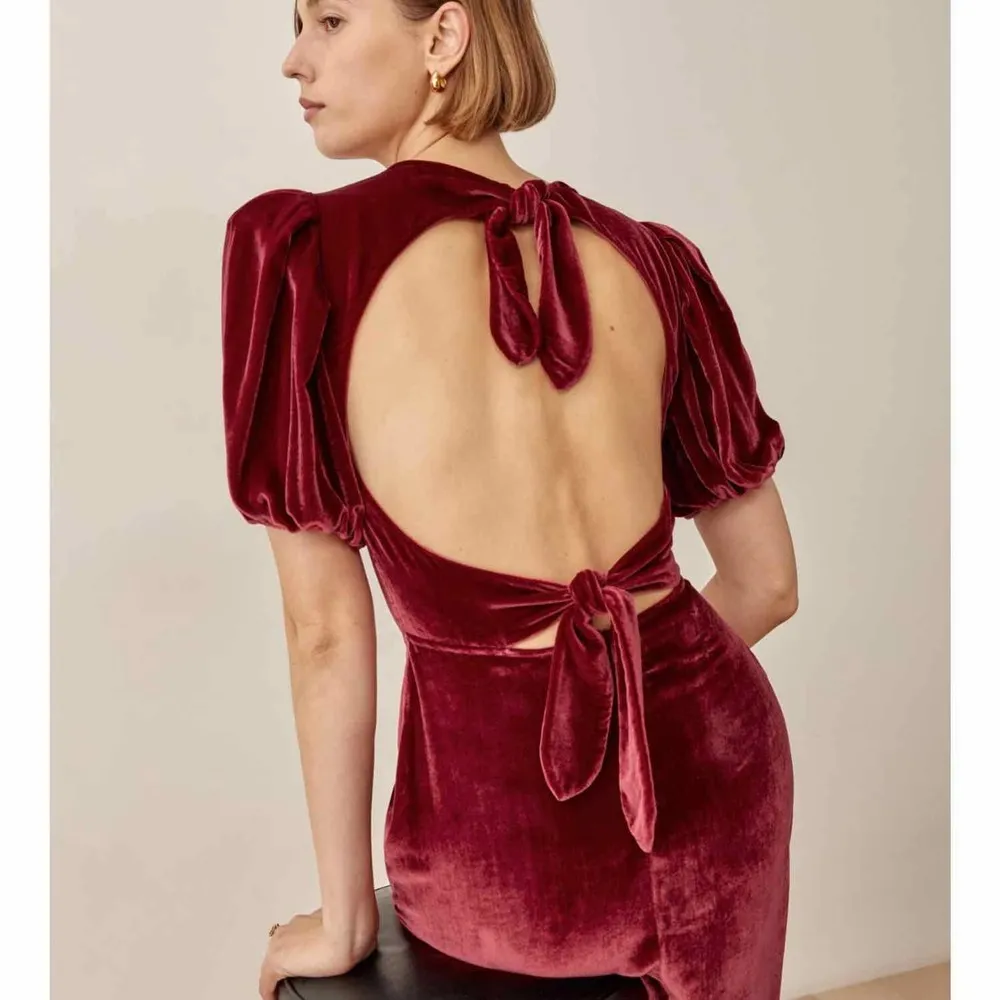 REFORMATION Livia Velvet Silk Dress Puff Sleeves Crimson Red Size 0 - Image 7