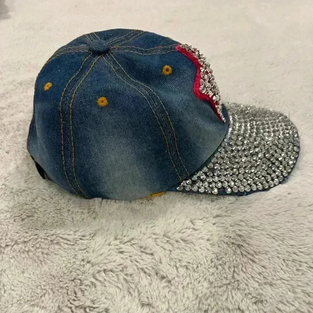 Cap/Hat Women's Blue Denim Rhinestones Magid Hats Distressed Adjustable - Image 2