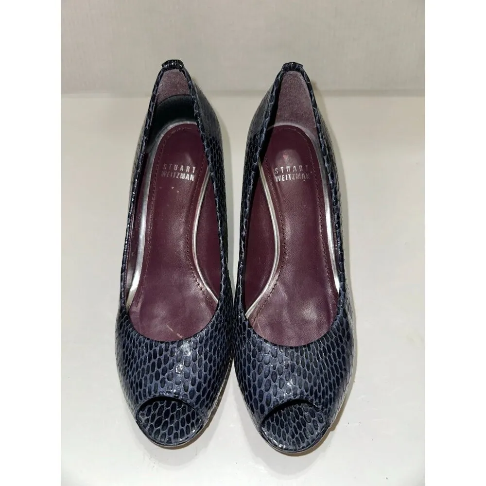 Stuart Weitzman Snake Print Embossed Peeptoe Heels in Dark Gray Size 7.0 - Image 2