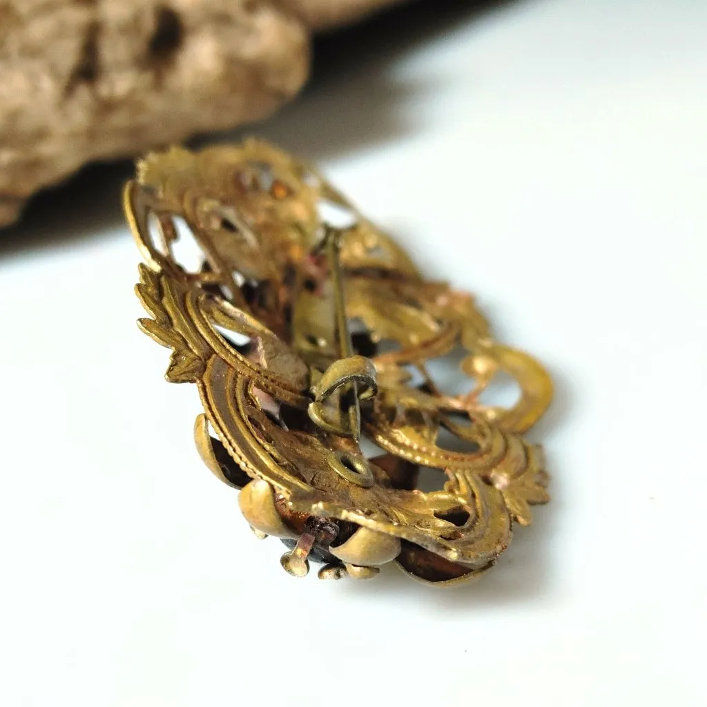 Antique Brooch Victorian Art Nouveau Gold Tone Floral Gilt Brass Dark Glass - Image 7