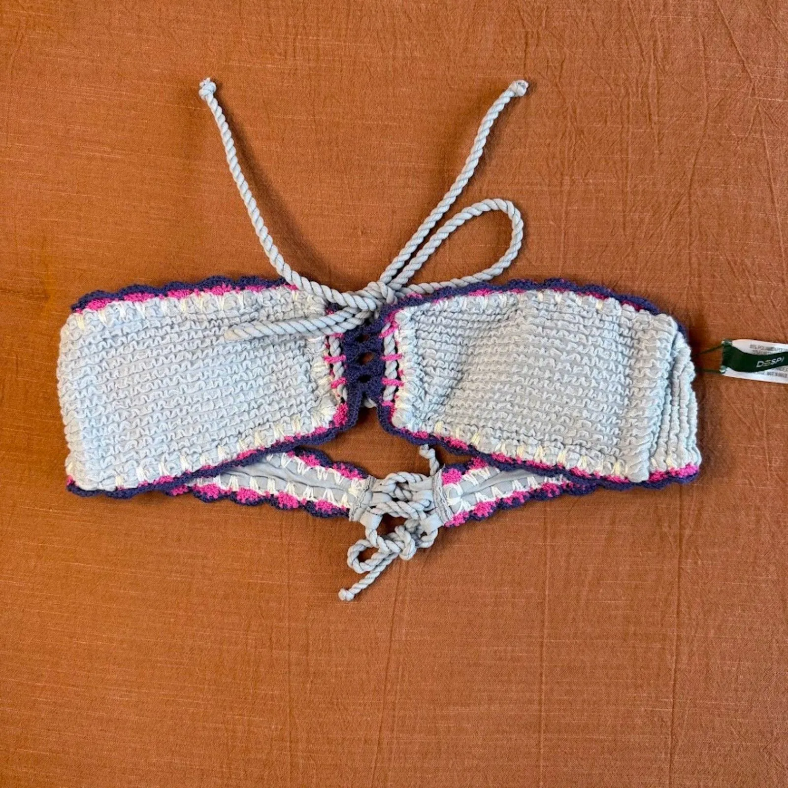 DESPI BR Fancy Crochet Bandeau Bikini Top in Light Blue Purple & Pink size M NWT Size M - Image 6