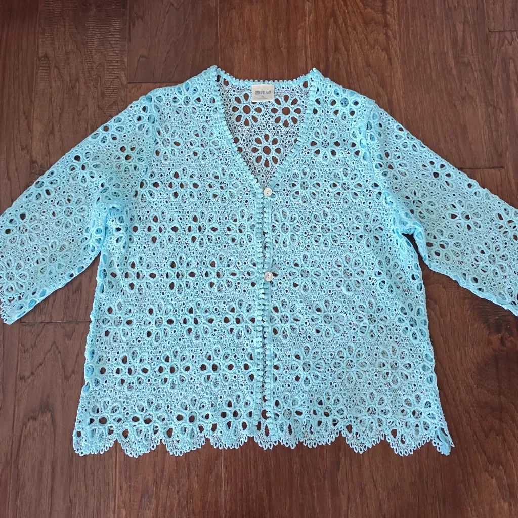 Blue Crochet Cardigan Lace Women's Size P Large Aqua Blue Cottagecore Coquette - Image 4
