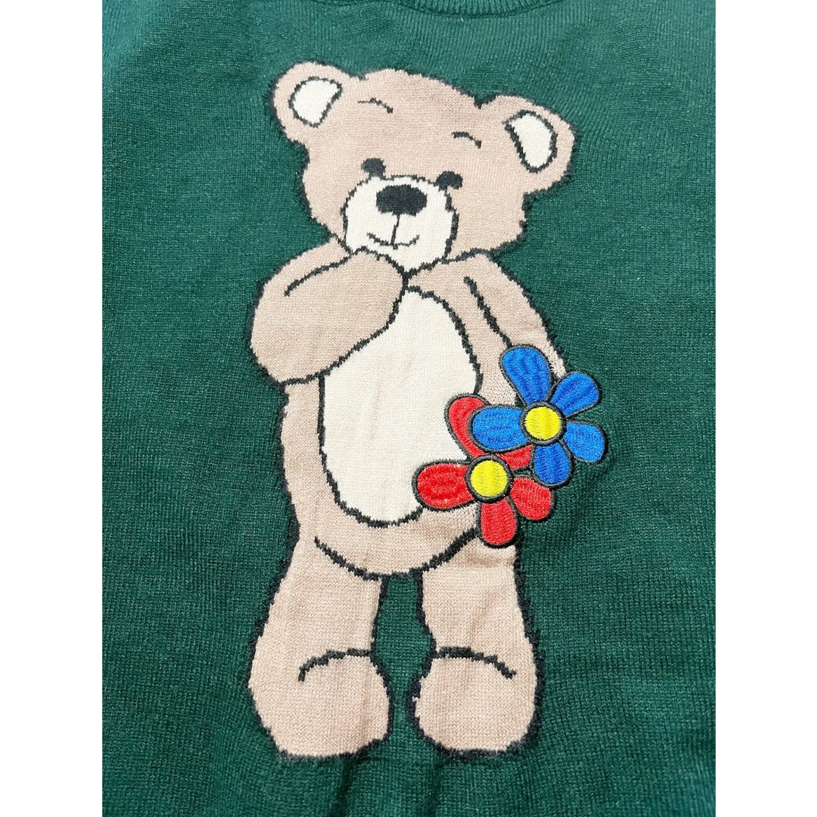 Womens Kidcore‎ Teddy Bear Crewneck Floral Knit Graphic Sweater Size L Green Size L - Image 3