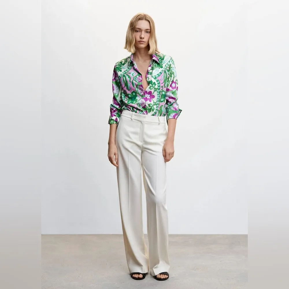 MANGO‎ Italian Fabric Floral Satin Relaxed Button Up Shirt Green Size 4 - Image 10