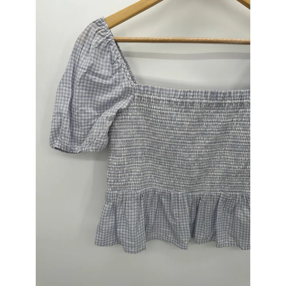J.Crew Top Women SMALL Purple White Striped Short Sleeve Smocked Cropped - Image 3