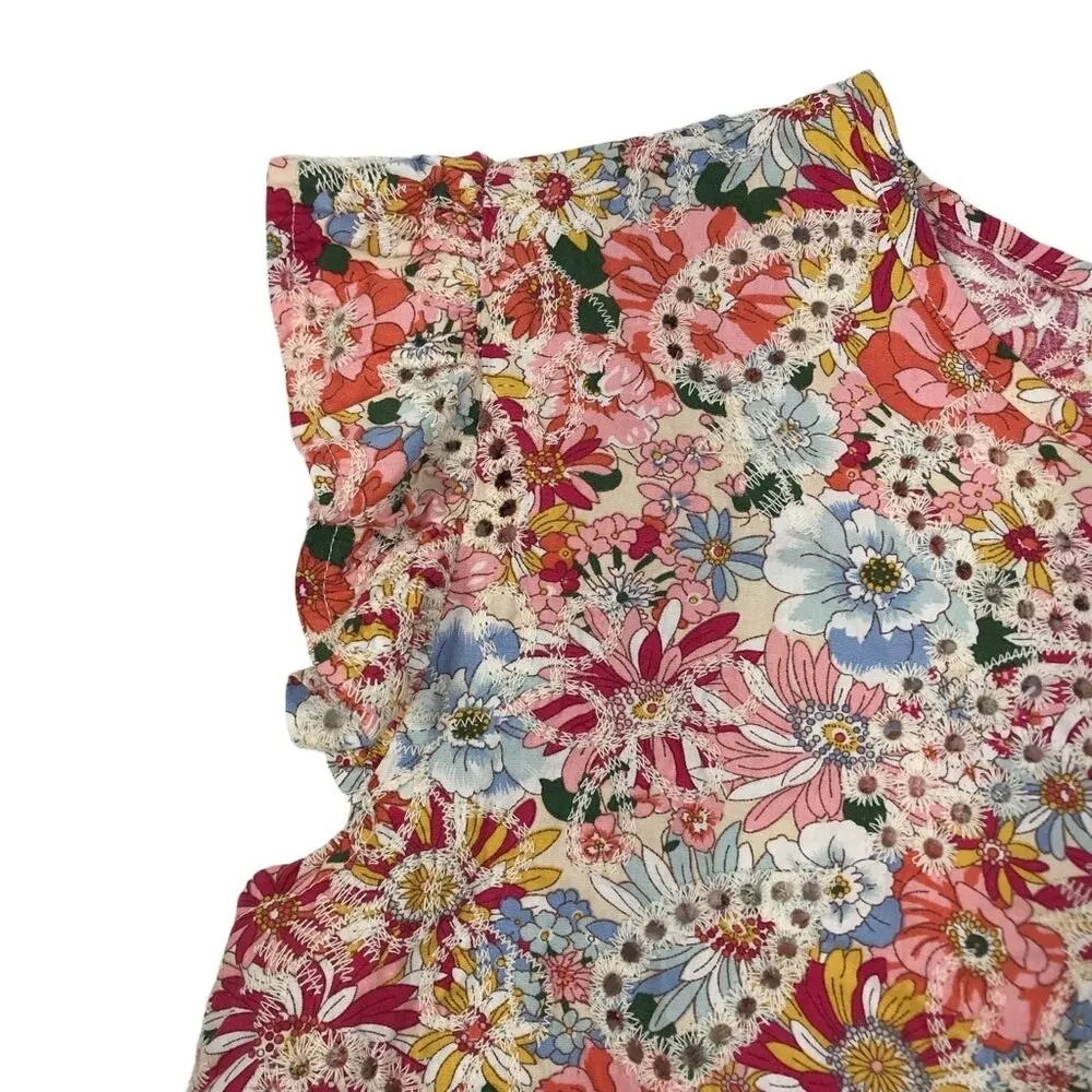 SOLITAIRE Floral Eyelet Ruffle Tank Top Women L Red Preppy Fairy Cottage Resort - Image 5