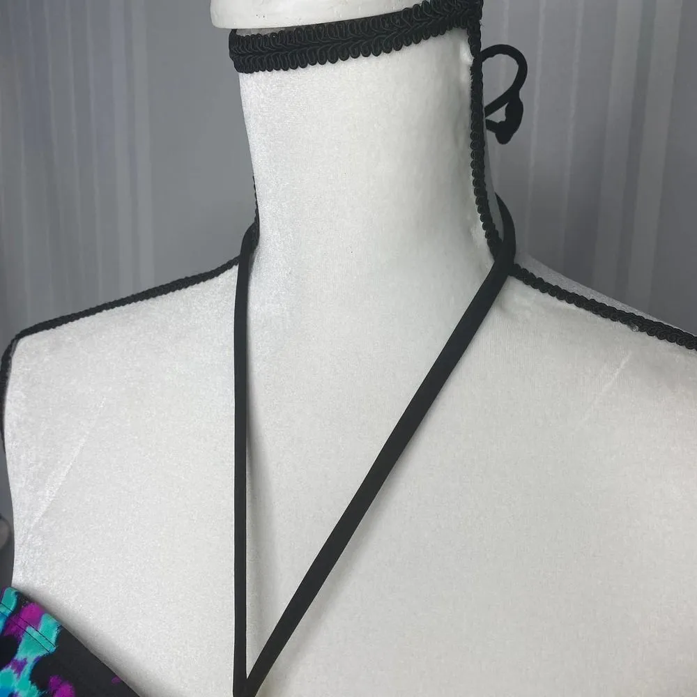 Hobie Padded Halter Beaded Watercolor Tie Back Bikini Swim Top XL Black Pink - Image 3