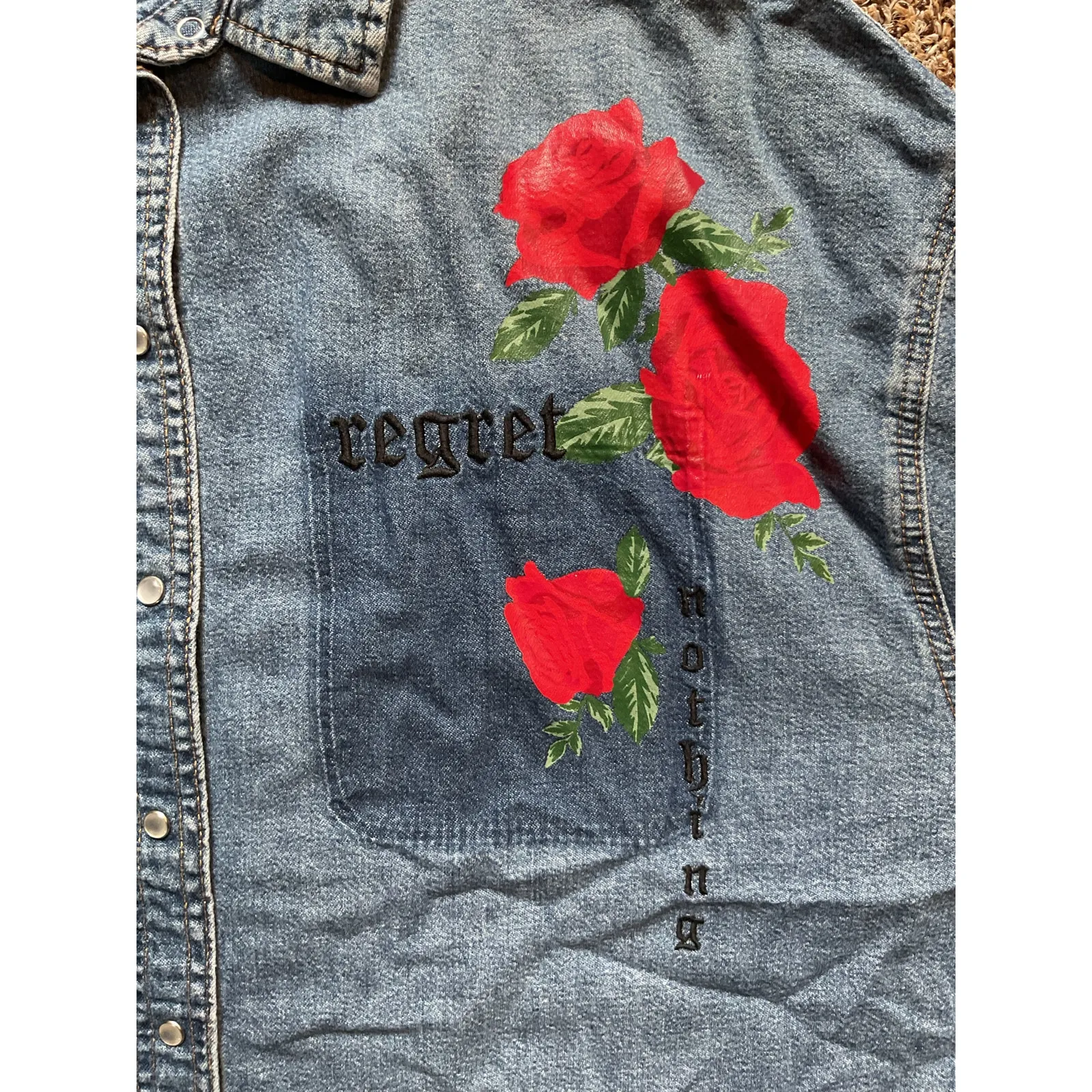 H&M Denim Shirt Women’s Oversized Grunge Y2K Distressed  Rose Graphic  Jean Top - Image 6