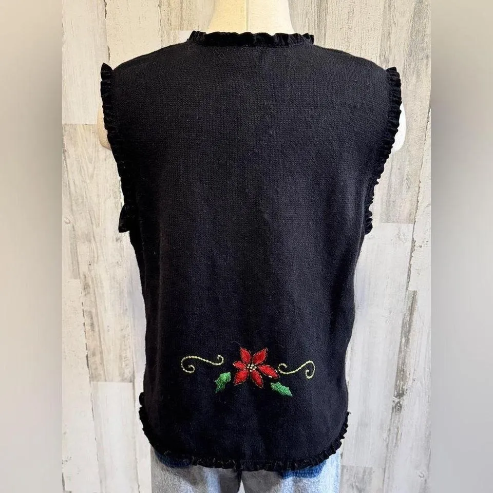 Vintage Embroidered Poinsettia Vest beaded Holiday Christmas Ramie Cotton large - Image 2